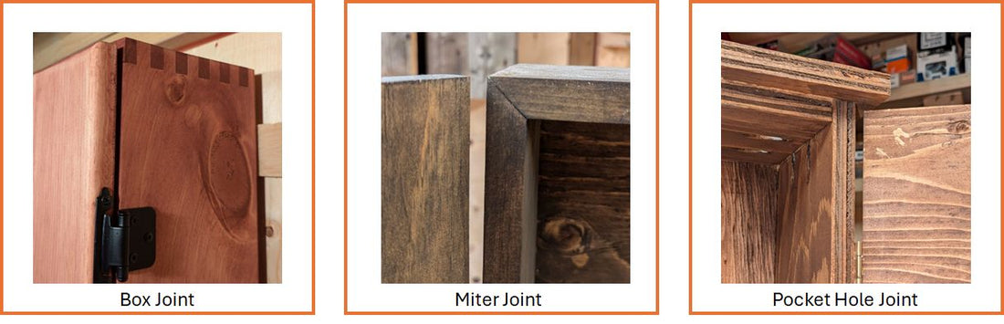 The joinery techniques, box joint, miter joint, and pocket hole joint are displayed on three dartboard cabinets