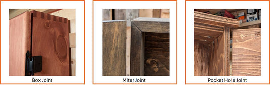 The joinery techniques, box joint, miter joint, and pocket hole joint are displayed on three dartboard cabinets