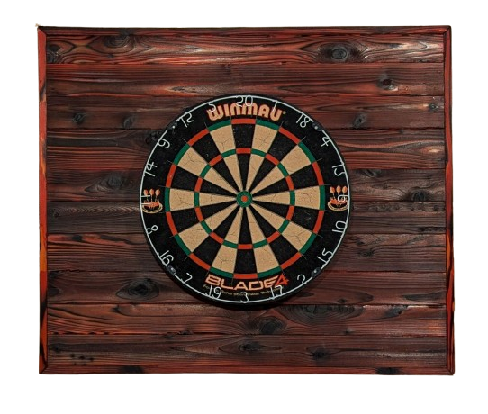 A dartboard backboard done using the shou sugi ban technique