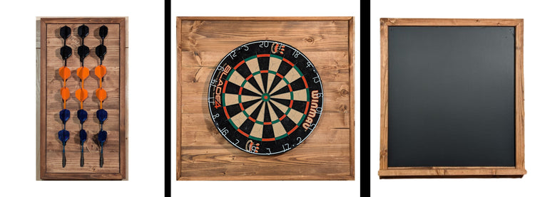 This Barn Board bundle features a backboard, scoreboard and darts holder all made from reclaimed wood.