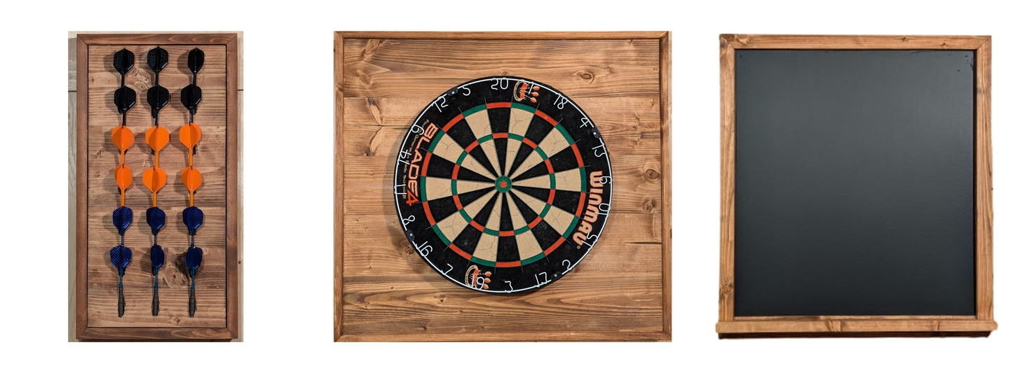 Featuring the Tungsten Tableau Backboard, Scoreboard and Darts Holder all pieces of this bundled are made of solid pine and finished with a Special Walnut color.