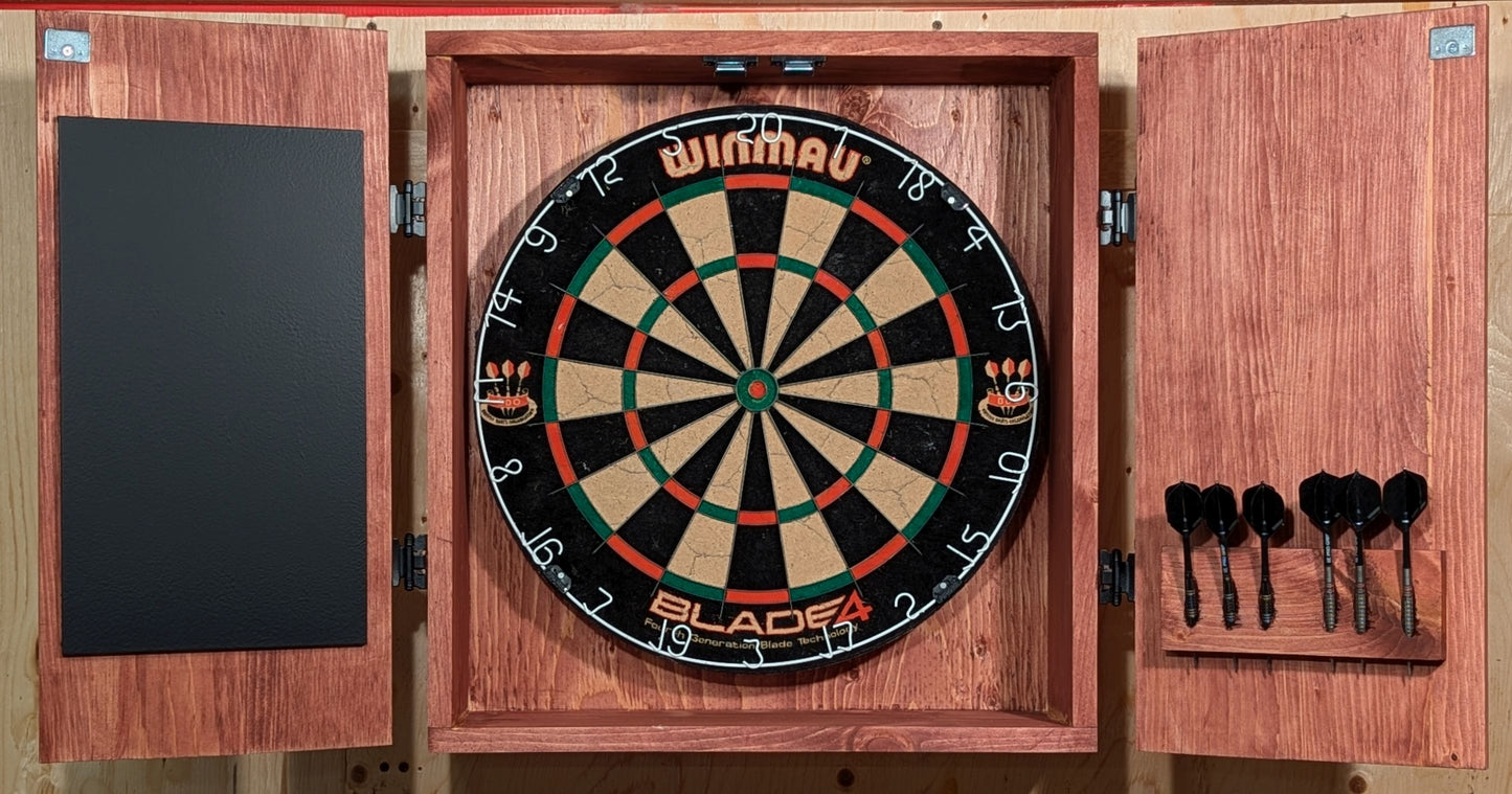 A solid pine dartboard cabinet featuring a scoreboard and holder for 2 sets of darts (6 darts). Finished in a Sedona Red color, a rich natural color that beautifully enhances the wood grain and accentuates the box joinery.