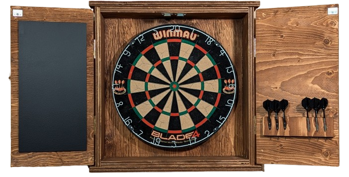 A darts cabinet featuring a scoreboard and darts holder for 2 sets of darts (6 darts). Finished in a Special Walnut color.